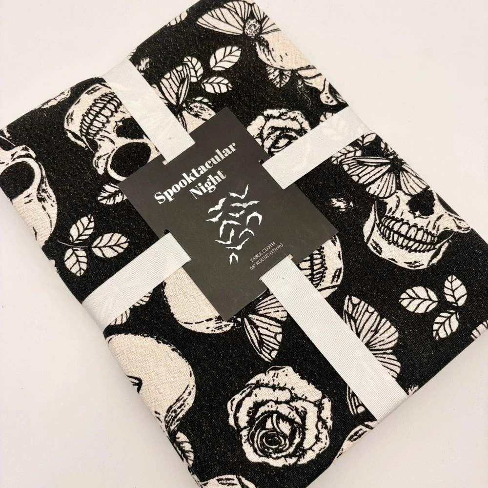 Mireille Designs Spooktacular Night Skull Butterfly Round Tablecloth 68in Black